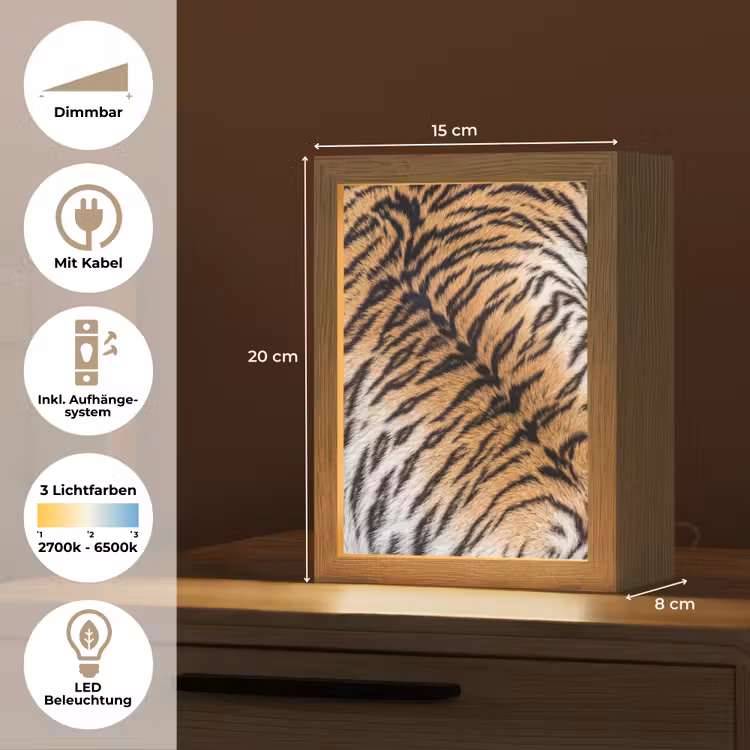 Realistisch - Tijgervacht - Zwart Light Box met kabel (Tafellamp) klein -USP_DE