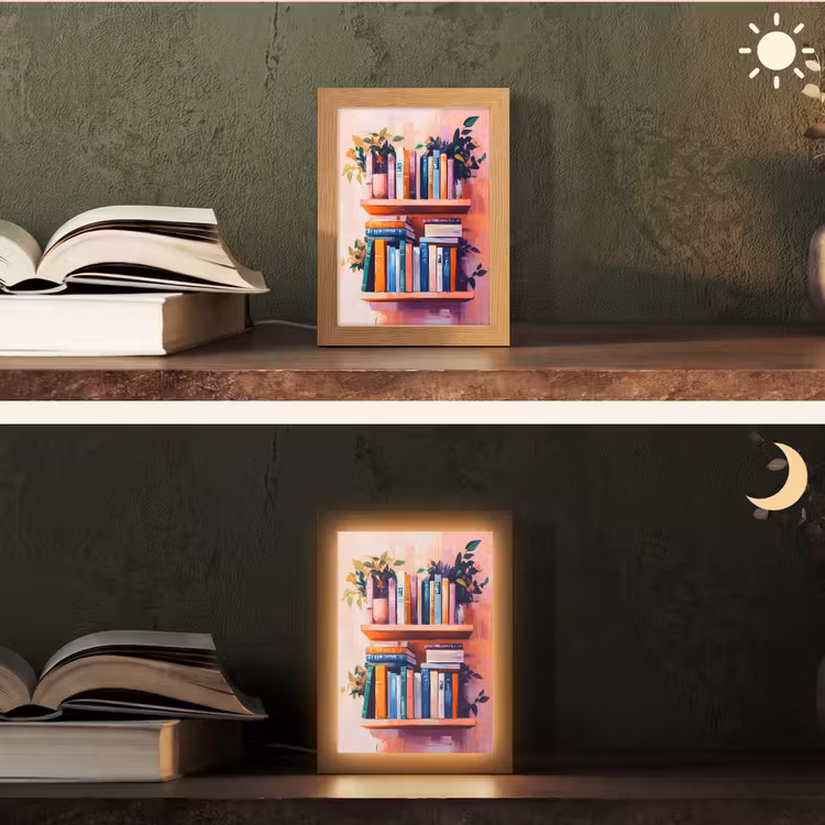 Planken - Boeken - Bladeren Light Box met kabel (Tafellamp) klein -sfeer3