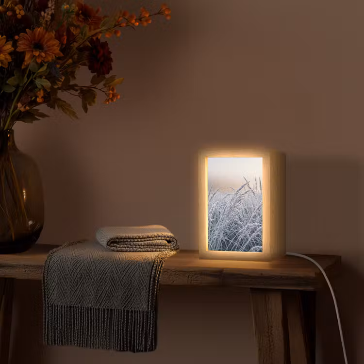 Rijp - Gras - Kristallen - Winter - Minimalistisch Light Box met kabel (Tafellamp) klein -sfeer4