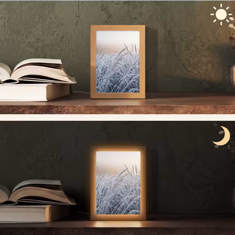 Rijp - Gras - Kristallen - Winter - Minimalistisch Light Box met kabel (Tafellamp) klein -sfeer3