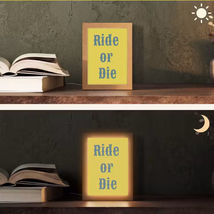 Ride or die - Geel - Blauw Light Box met kabel (Tafellamp) klein -sfeer3