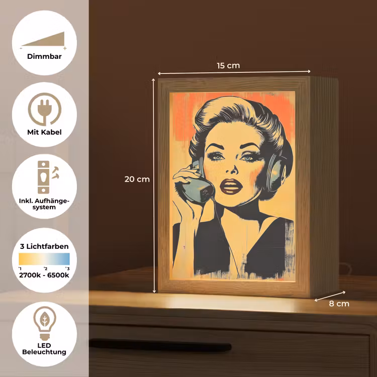 Retro - Vrouw - Koptelefoon - Oranje Light Box met kabel (Tafellamp) klein -USP_DE