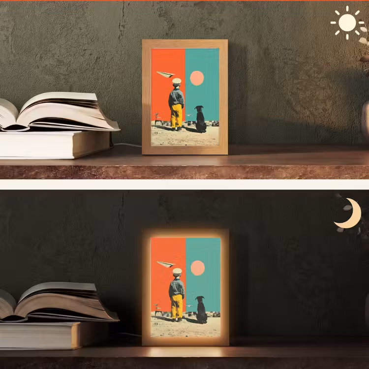 Retro - Jongen - Hond - Rood - Groen Light Box met kabel (Tafellamp) klein -sfeer3
