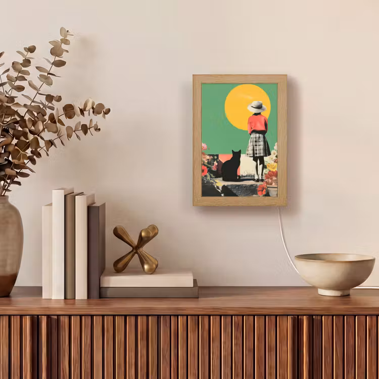 Retro - Meisje - Kat - Zon Light Box met kabel (Tafellamp) klein -sfeer2
