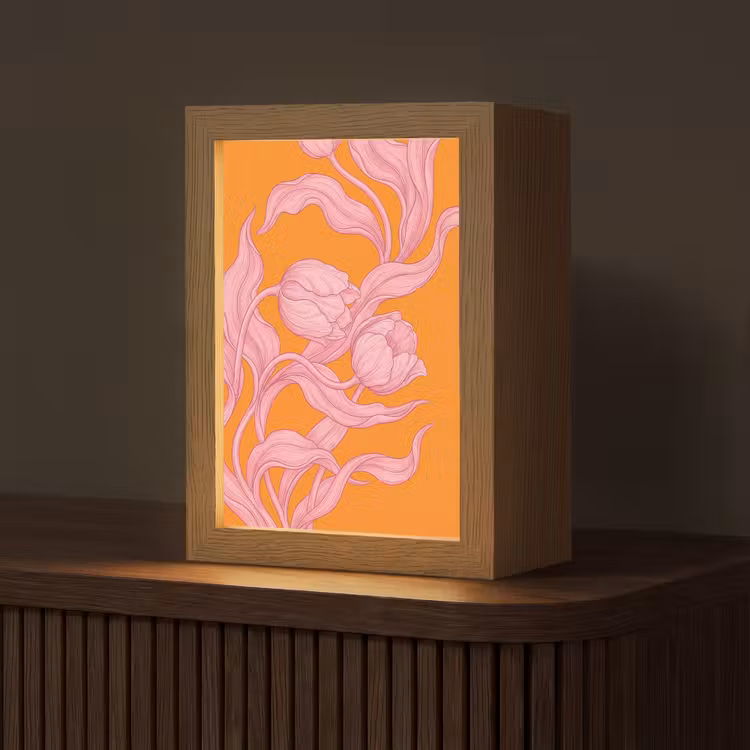 Tischlampe - Rosa Blumen – Modern - Roze bloemen - Modern Light Box met kabel (Tafellamp) klein