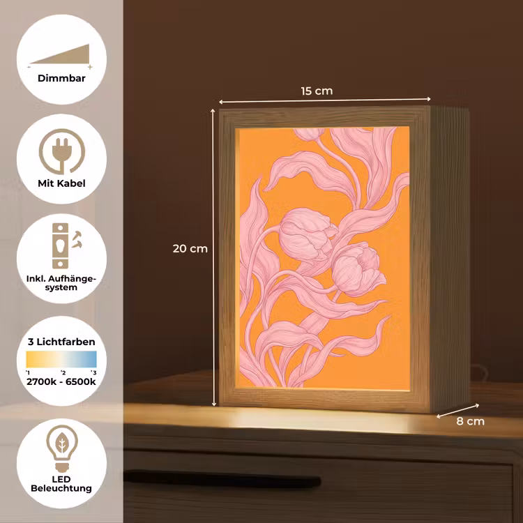 Tischlampe - Rosa Blumen – Modern - Roze bloemen - Modern Light Box met kabel (Tafellamp) klein