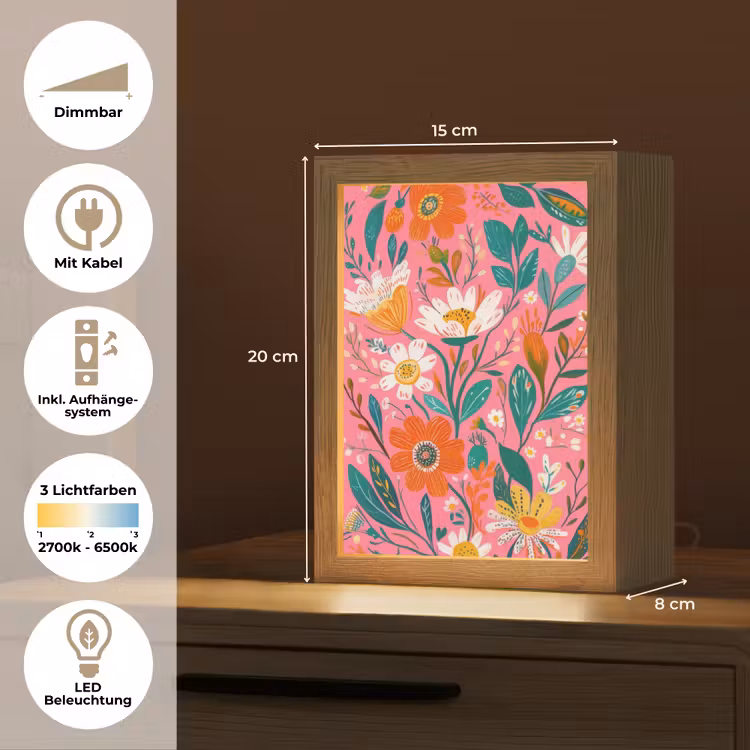 Roze - Bloemen - Wit - Oranje Light Box met kabel (Tafellamp) klein -USP_DE