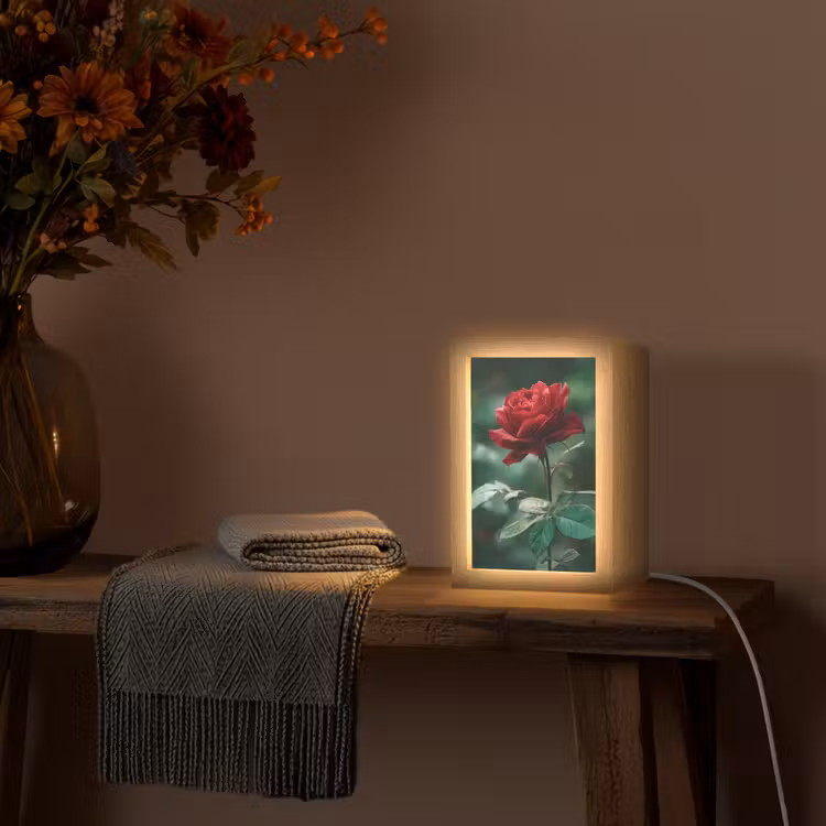 Roos - Bladeren - Dieprood Light Box met kabel (Tafellamp) klein -sfeer4
