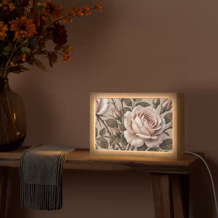 Roos - Mozaïek - Bloemen - Klassiek - Beige Light Box met kabel (Tafellamp) klein -sfeer4