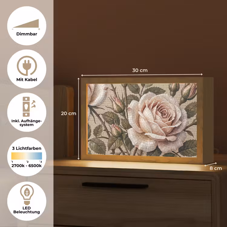 Roos - Mozaïek - Bloemen - Klassiek - Beige Light Box met kabel (Tafellamp) klein -USP_DE