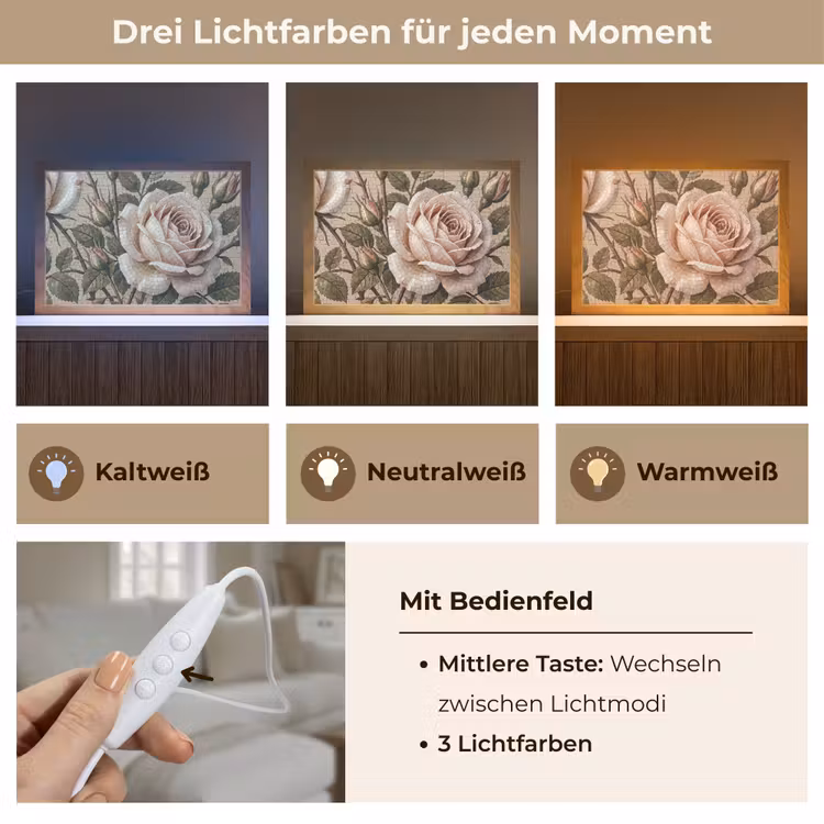 Roos - Mozaïek - Bloemen - Klassiek - Beige Light Box met kabel (Tafellamp) klein -USP_lichtkleurDE
