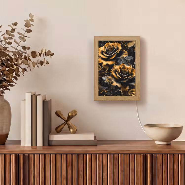 Rozen - Goud - Zwart - Bloemen - Modern Light Box met kabel (Tafellamp) klein -sfeer2