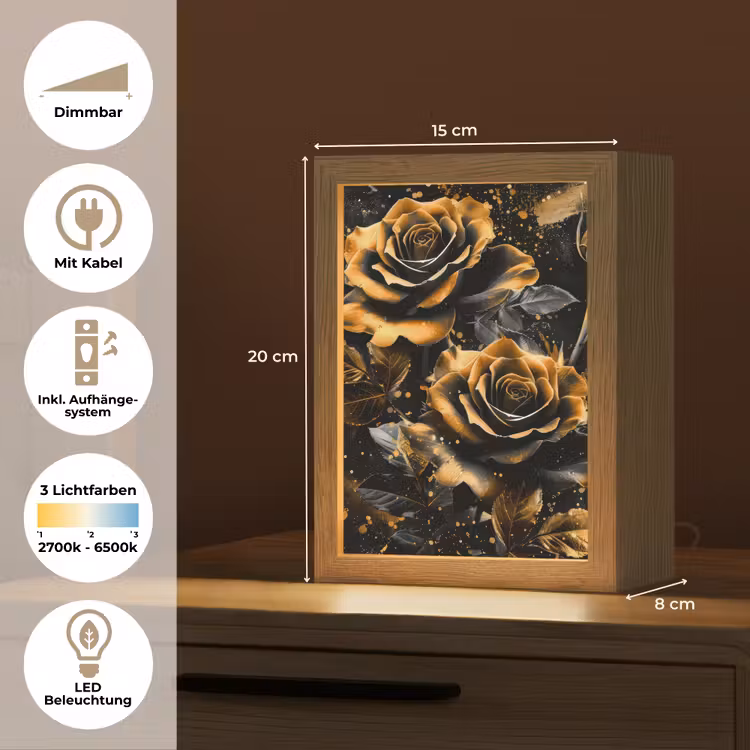 Rozen - Goud - Zwart - Bloemen - Modern Light Box met kabel (Tafellamp) klein -USP_DE