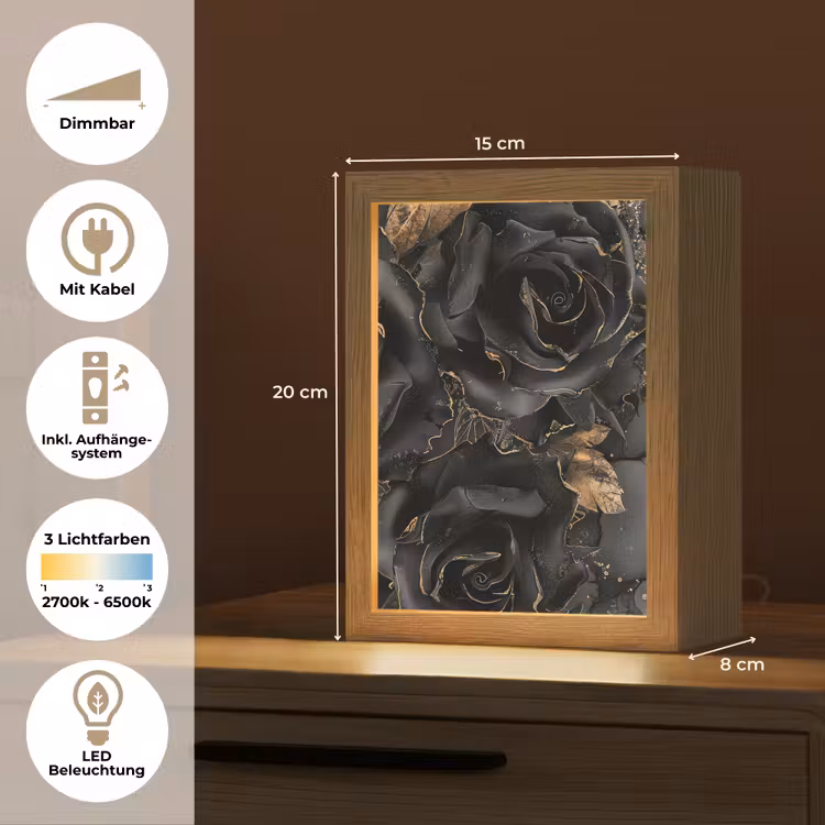 Rozen - Zwart - Bloemen - Goud Light Box met kabel (Tafellamp) klein -USP_DE