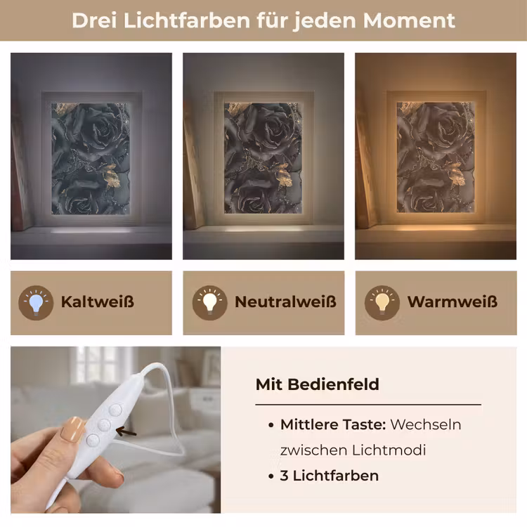 Rozen - Zwart - Bloemen - Goud Light Box met kabel (Tafellamp) klein -USP_lichtkleurDE