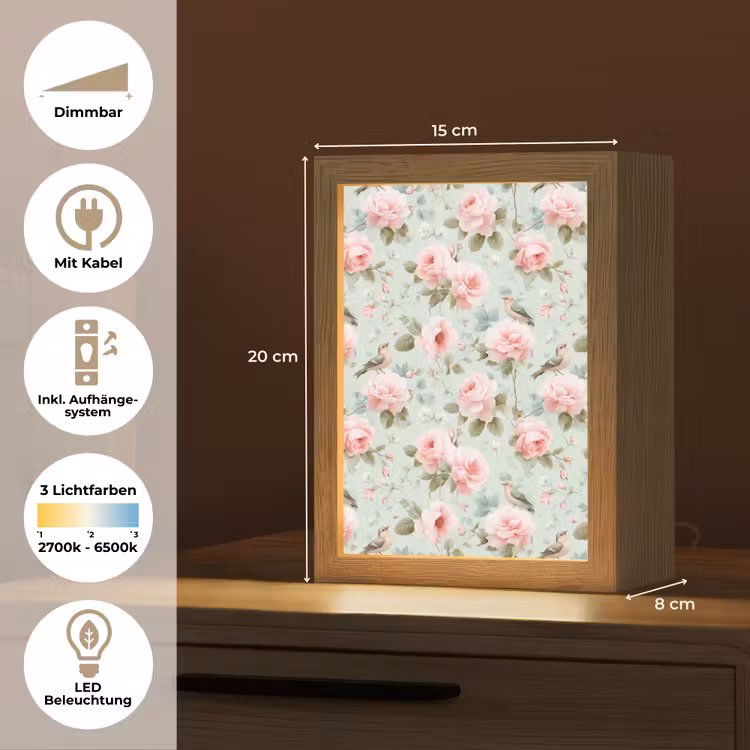 Rozen - Vogels - Pastel - Kleurrijk Light Box met kabel (Tafellamp) klein 925 -USP_DE