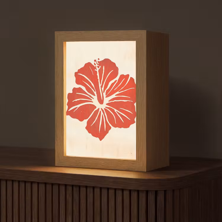 Rode hibiscusbloem - Textuur achtergrond - Beige Light Box met kabel (Tafellamp) klein -z3d_website
