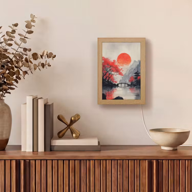 Rode zon - Rivier - brug - Bomen Light Box met kabel (Tafellamp) klein -sfeer2