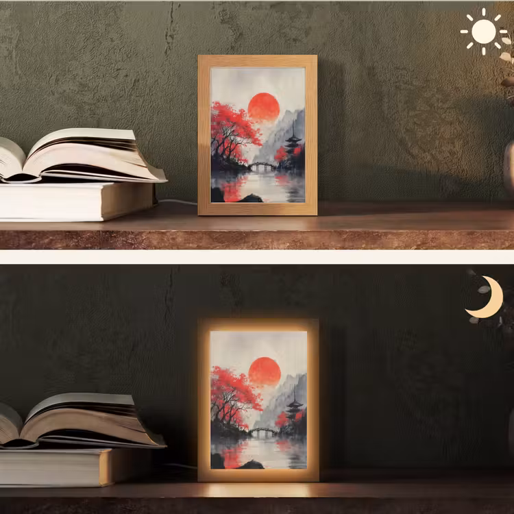 Rode zon - Rivier - brug - Bomen Light Box met kabel (Tafellamp) klein -sfeer3
