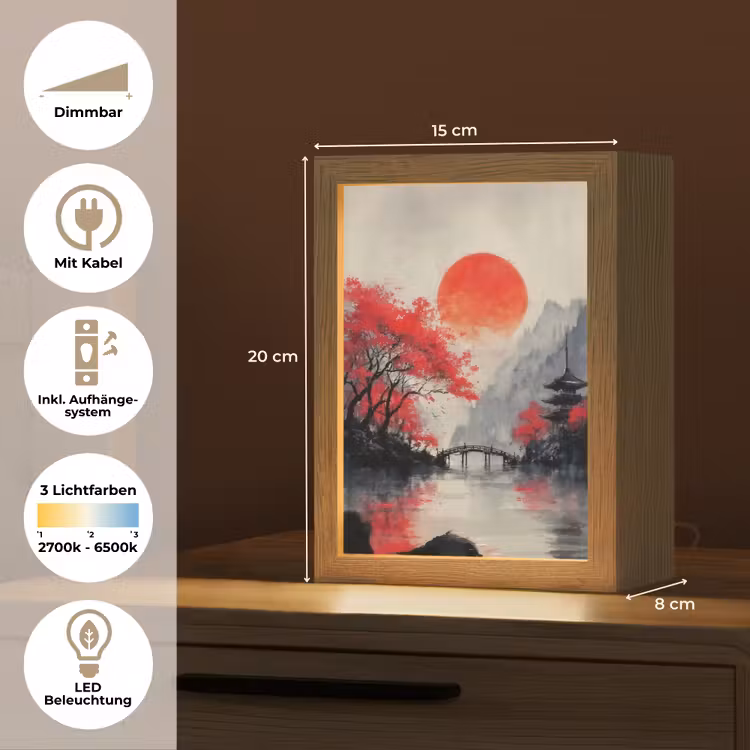 Rode zon - Rivier - brug - Bomen Light Box met kabel (Tafellamp) klein -USP_DE