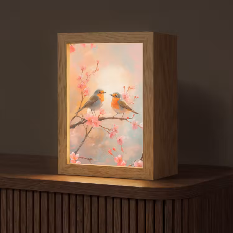 Roodborstjes - Sierlijk - Bloesemtak Light Box met kabel (Tafellamp) klein -z3d_website