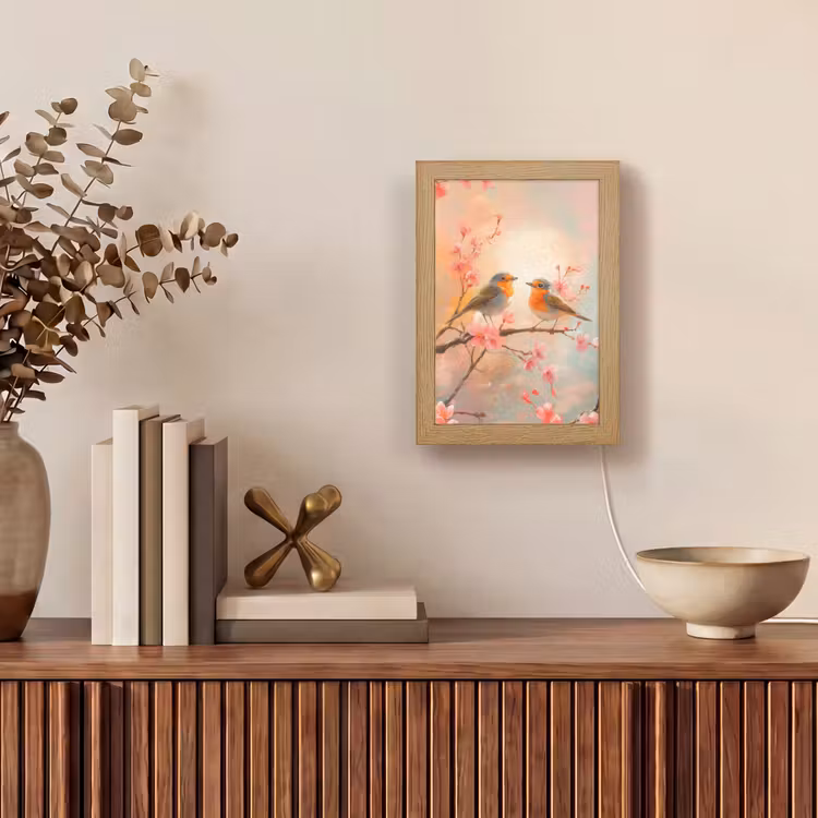 Roodborstjes - Sierlijk - Bloesemtak Light Box met kabel (Tafellamp) klein -sfeer2