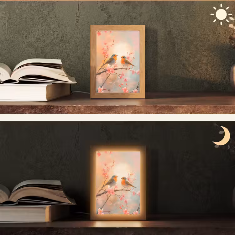 Roodborstjes - Sierlijk - Bloesemtak Light Box met kabel (Tafellamp) klein -sfeer3