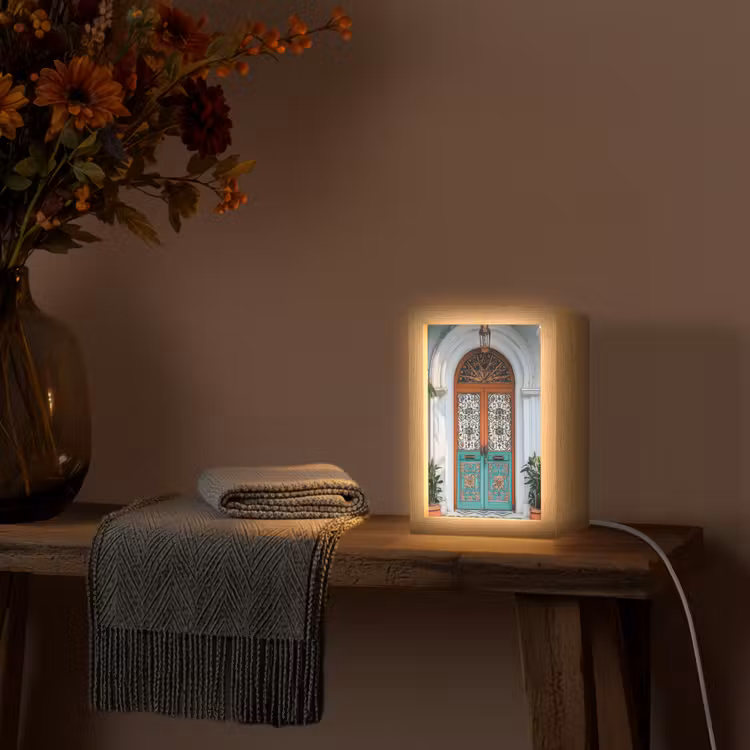 Zuilen - Sierlijke - Deur - Blauw Light Box met kabel (Tafellamp) klein -sfeer4