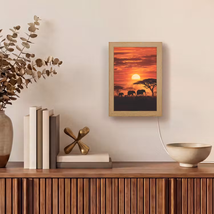 Savanne - Olifanten - Zonsondergang Light Box met kabel (Tafellamp) klein -sfeer2