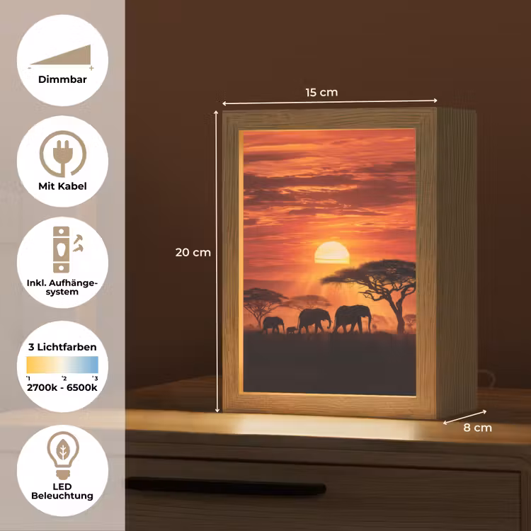 Savanne - Olifanten - Zonsondergang Light Box met kabel (Tafellamp) klein -USP_DE