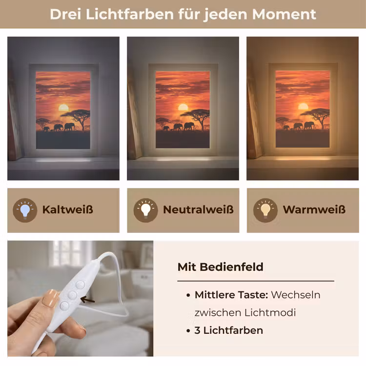 Savanne - Olifanten - Zonsondergang Light Box met kabel (Tafellamp) klein -USP_lichtkleurDE