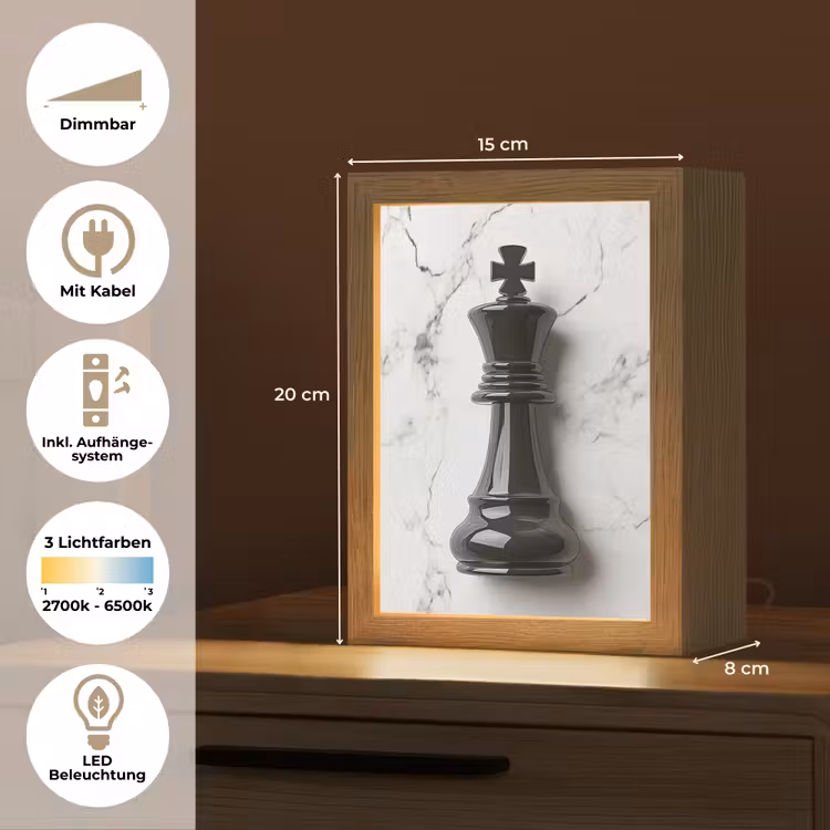 Schaakstuk - Koning - Zwart - Marmer Light Box met kabel (Tafellamp) klein -USP_DE