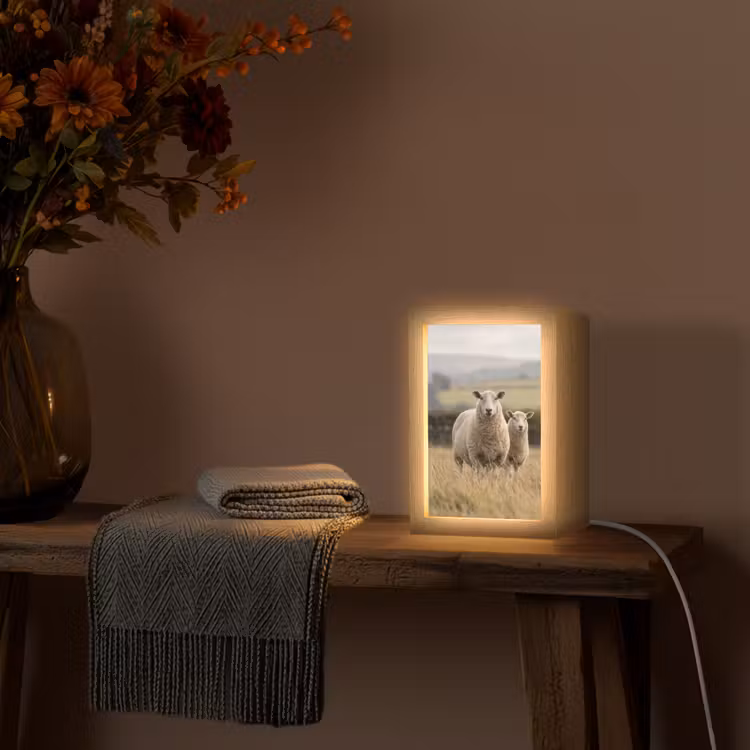 Schapen - Weidenlandschap - Heuvels Light Box met kabel (Tafellamp) klein -sfeer4