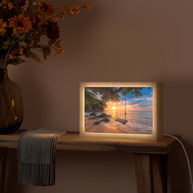 Schommel - Strand - Zonsondergang - Natuur - Oranje Light Box met kabel (Tafellamp) klein -sfeer4