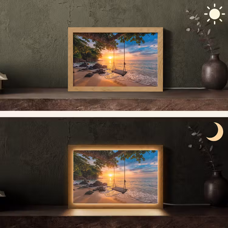 Schommel - Strand - Zonsondergang - Natuur - Oranje Light Box met kabel (Tafellamp) klein -sfeer3