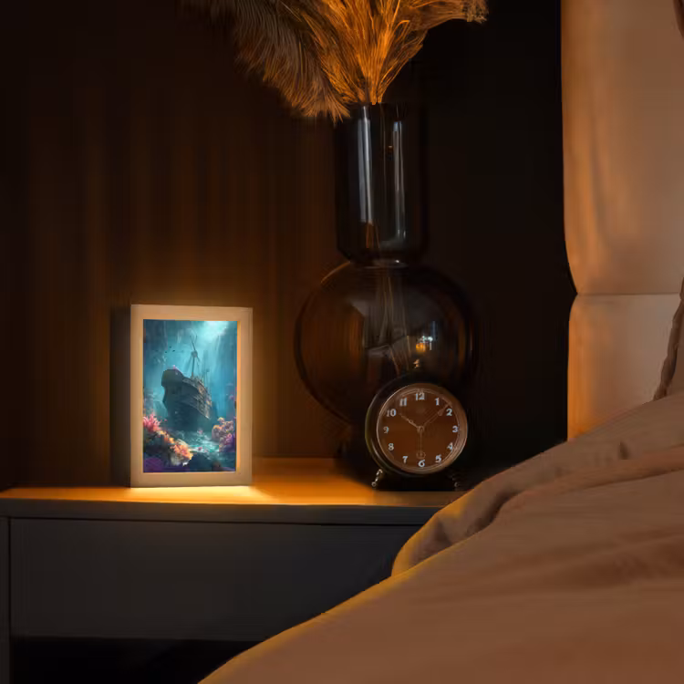 Schip - Hout - Koraalriffen - Zonlicht Light Box met kabel (Tafellamp) klein -sfeer1
