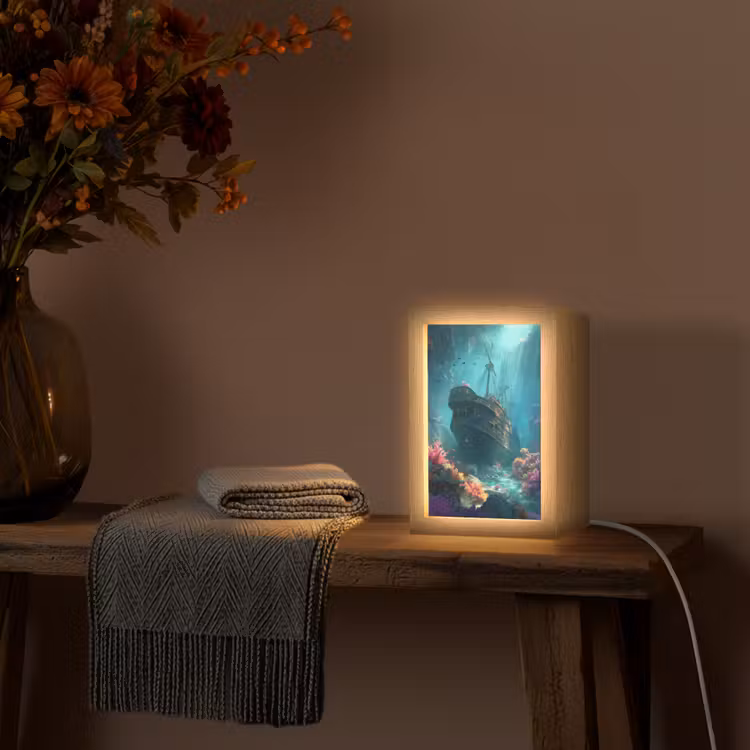 Schip - Hout - Koraalriffen - Zonlicht Light Box met kabel (Tafellamp) klein -sfeer4