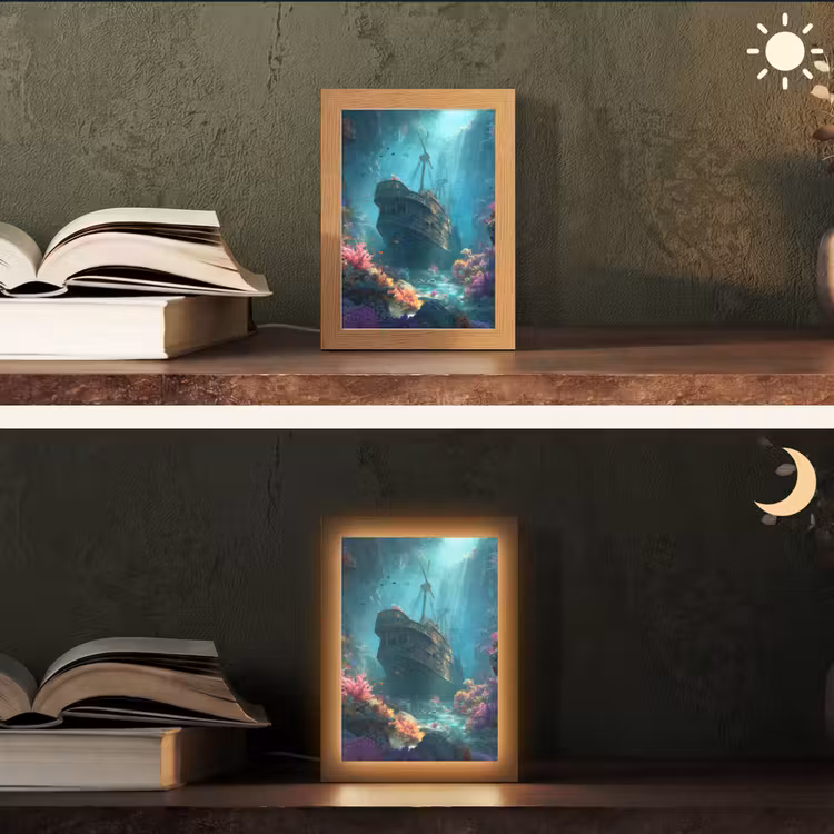 Schip - Hout - Koraalriffen - Zonlicht Light Box met kabel (Tafellamp) klein -sfeer3