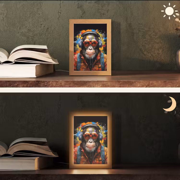 Chimpansee - Aap - dieren - Graffiti - Bril - Koptelefoon - Kleuren Light Box met kabel (Tafellamp) klein -sfeer3