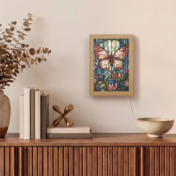 Vlinder - Roze - Bloemen - Bladeren Light Box met kabel (Tafellamp) klein -sfeer2