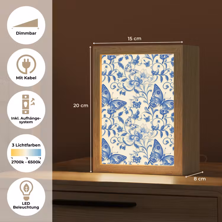Vlinders - Bloemen - Blauw - Botanisch Light Box met kabel (Tafellamp) klein 925 -USP_DE