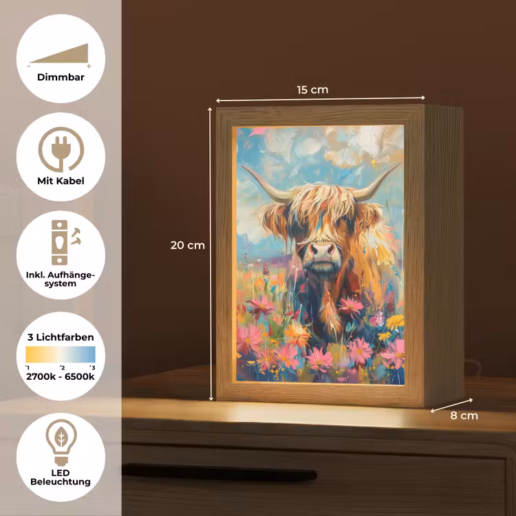 Schotse hooglander - Natuur - Kleurrijk - Bloemen Light Box met kabel (Tafellamp) klein -USP_DE