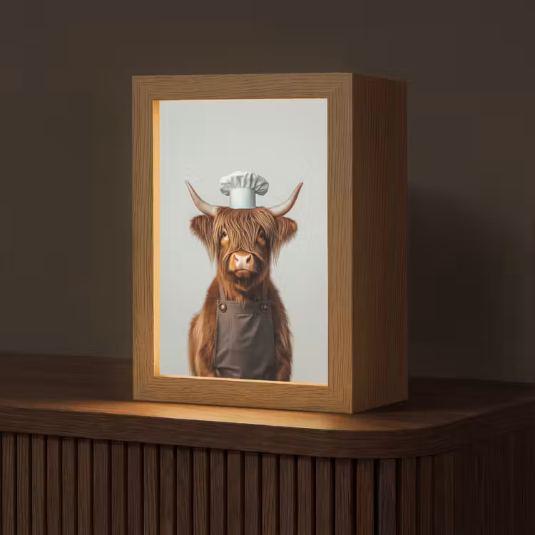 Schotse Hooglander - Bruin - Hoorns - Kokskleding Light Box met kabel (Tafellamp) klein -z3d_website