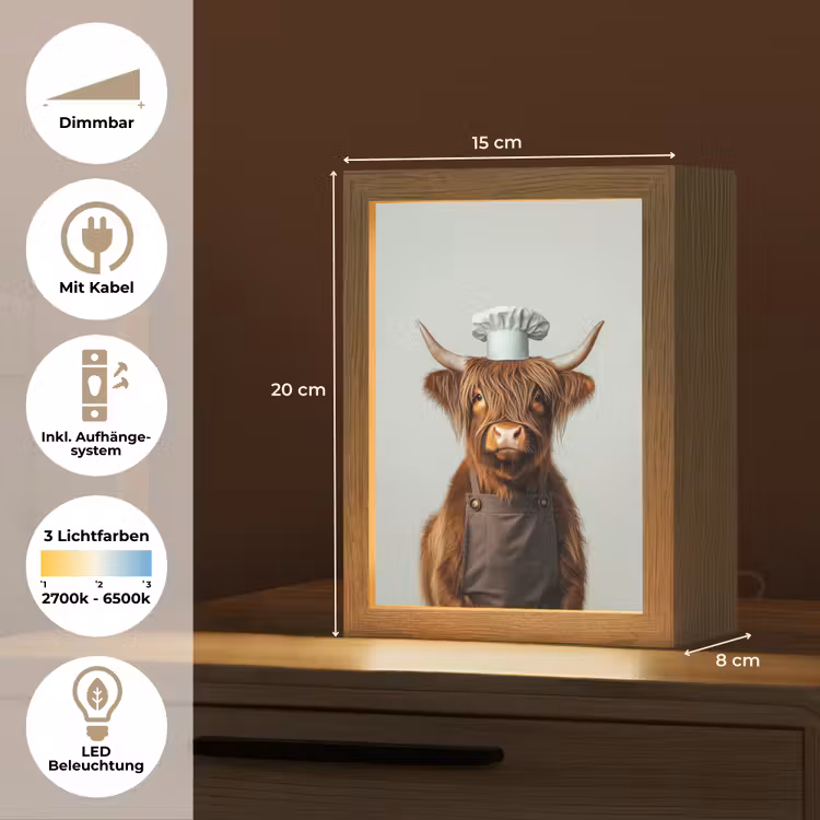 Schotse Hooglander - Bruin - Hoorns - Kokskleding Light Box met kabel (Tafellamp) klein -USP_DE