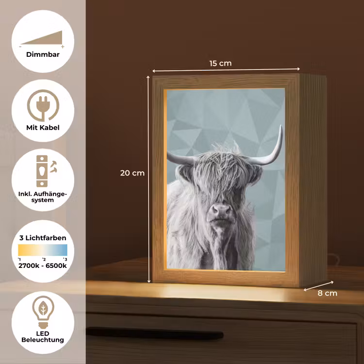 Schotse hooglander - Zwart wit - Patroon - Driehoek Light Box met kabel (Tafellamp) klein -USP_DE
