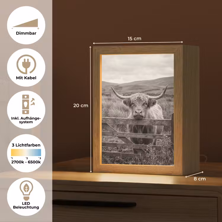 Schotse hooglander - Zwart - Wit - Hout Light Box met kabel (Tafellamp) klein -USP_DE