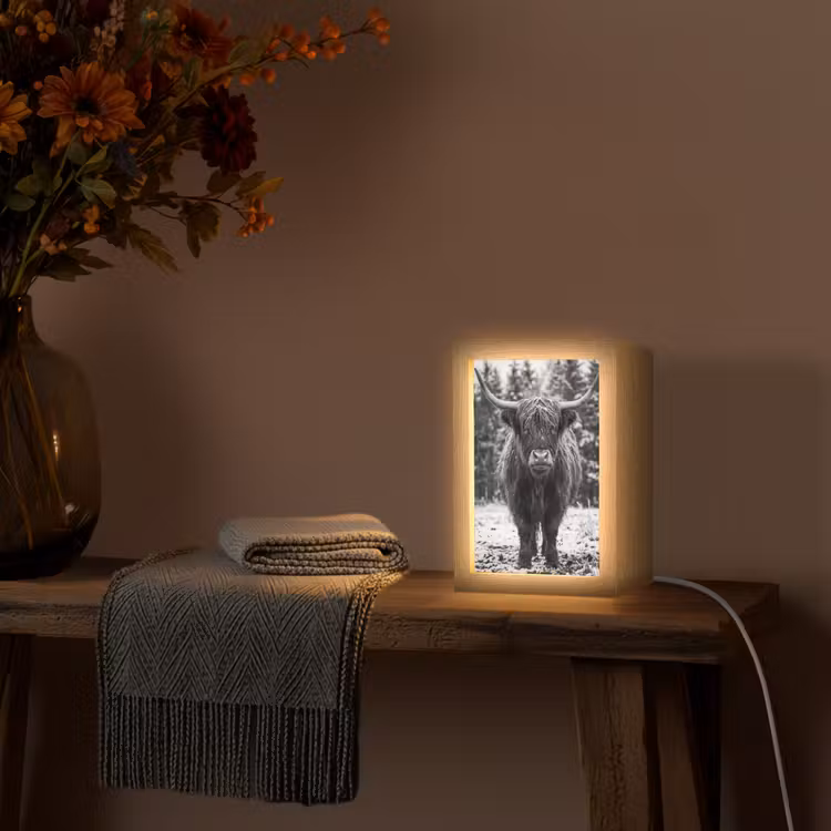Schotse hooglander - Zwart - Wit - Sneeuwvlokken Light Box met kabel (Tafellamp) klein -sfeer4