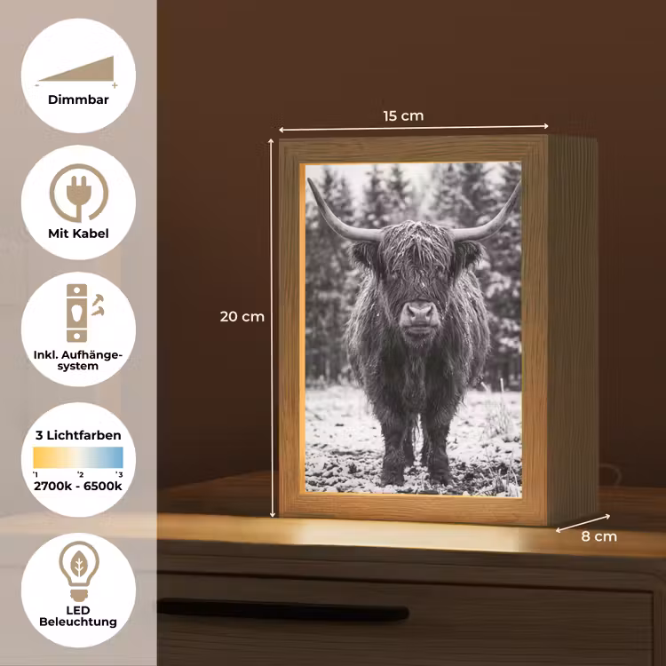Schotse hooglander - Zwart - Wit - Sneeuwvlokken Light Box met kabel (Tafellamp) klein -USP_DE