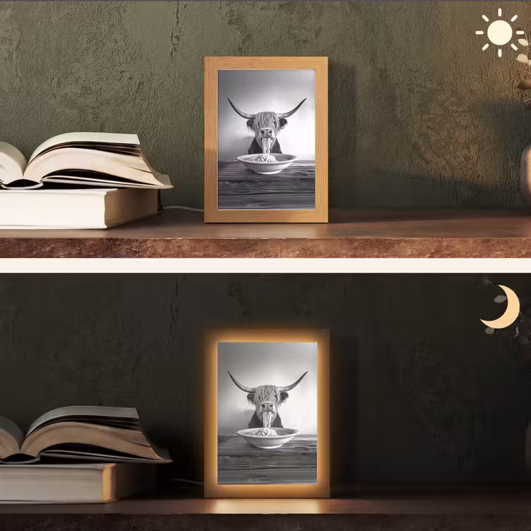 Schotse Hooglander - Spaghetti - Dieren - Zwart wit Light Box met kabel (Tafellamp) klein -sfeer3
