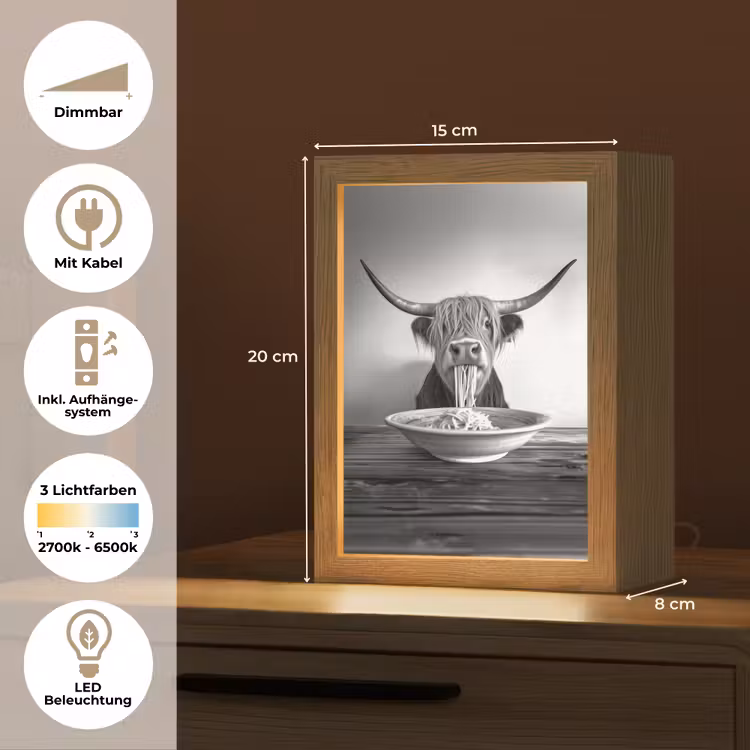 Schotse Hooglander - Spaghetti - Dieren - Zwart wit Light Box met kabel (Tafellamp) klein -USP_DE